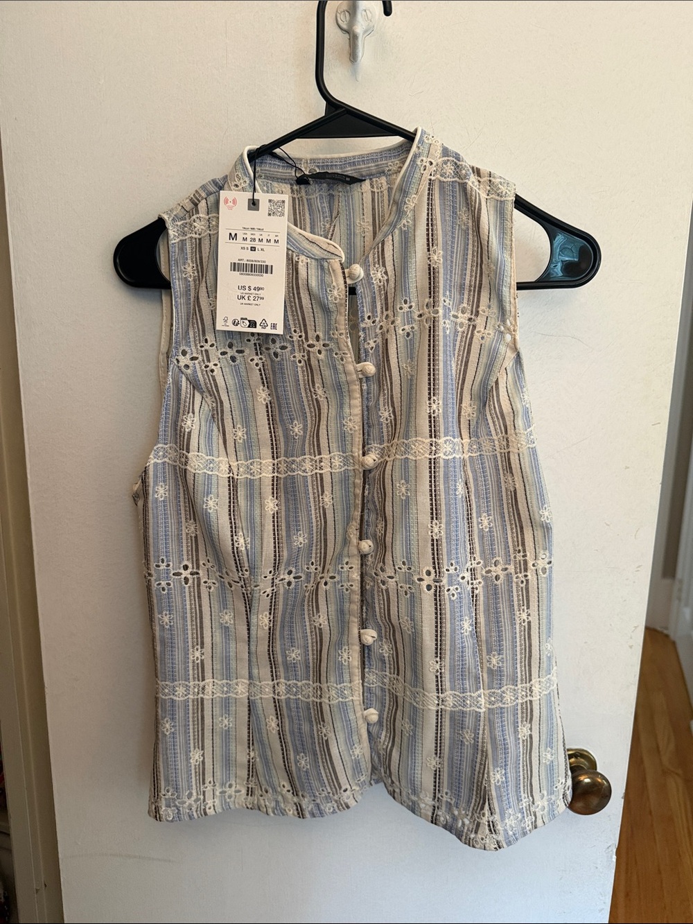 Zara Blue and White Striped Lace-Trim Button-Front Camisole